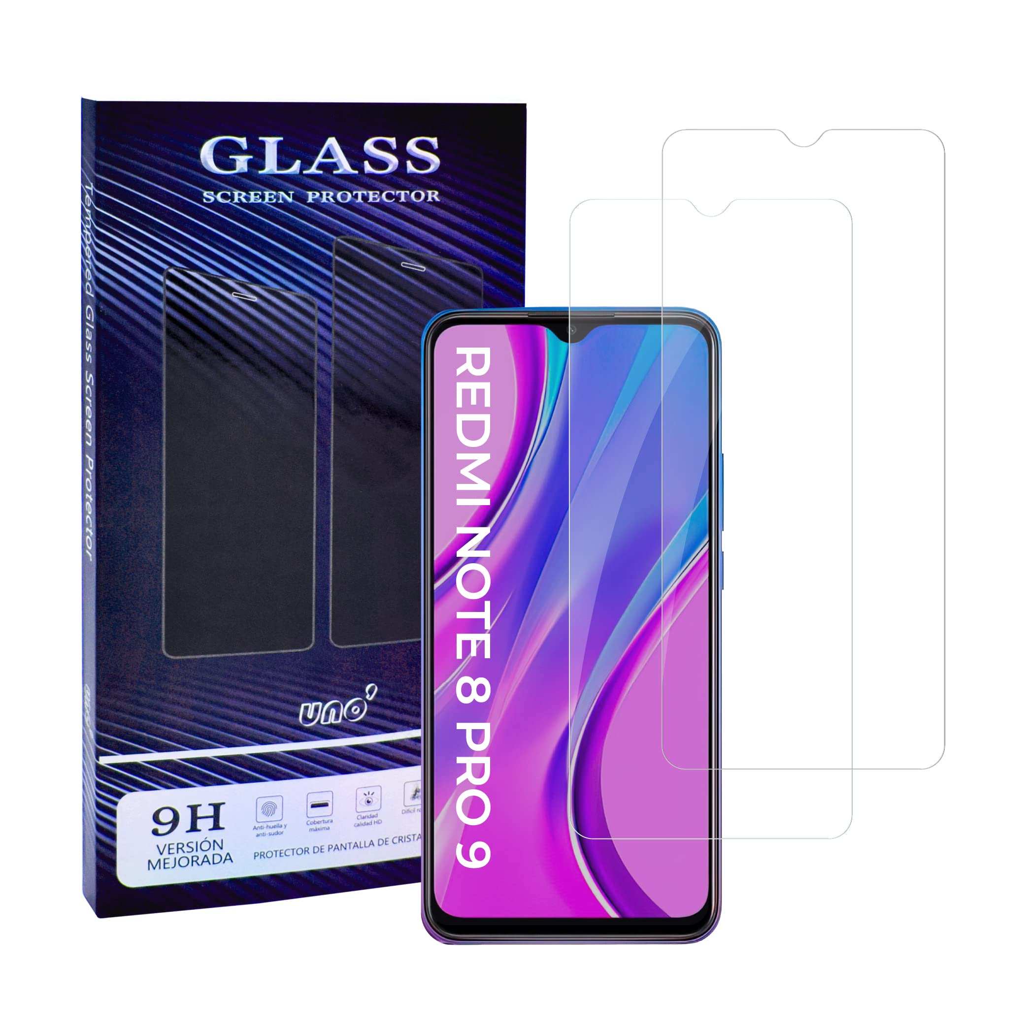 UNO' 2 Pack Tempered Glass Screen Protector Compatible with Xiaomi Redmi Note 8 Pro, Redmi 9, Ultra Resistant Bubble-Free, 9H, Anti-Scratch