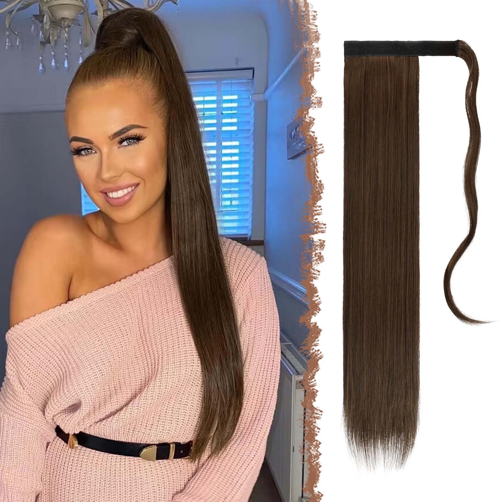 FESHFEN Straight Ponytail Extensions Long Wrap Around Ponytail Synthetic Clip in Pony Tail Hair Extensions Brown & Light Auburn Mixed Hairpiece for Women, 28 inch