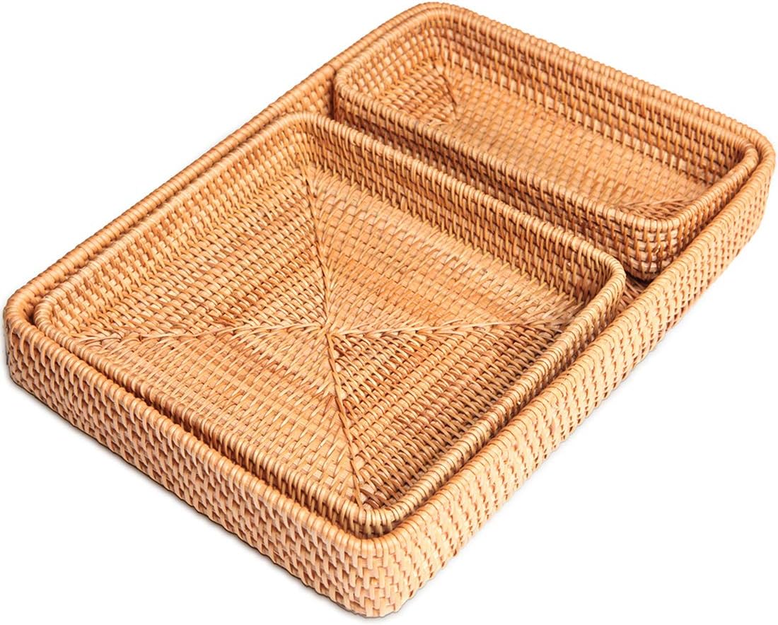 Handmade Rattan Storage Baskets Set Woven Home Decorative Organizing Nesting Tray (Set of 3)