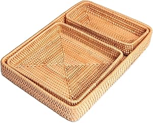 Handmade Rattan Storage Baskets Set Woven Home Decorative Organizing Nesting Tray (Set of 3)