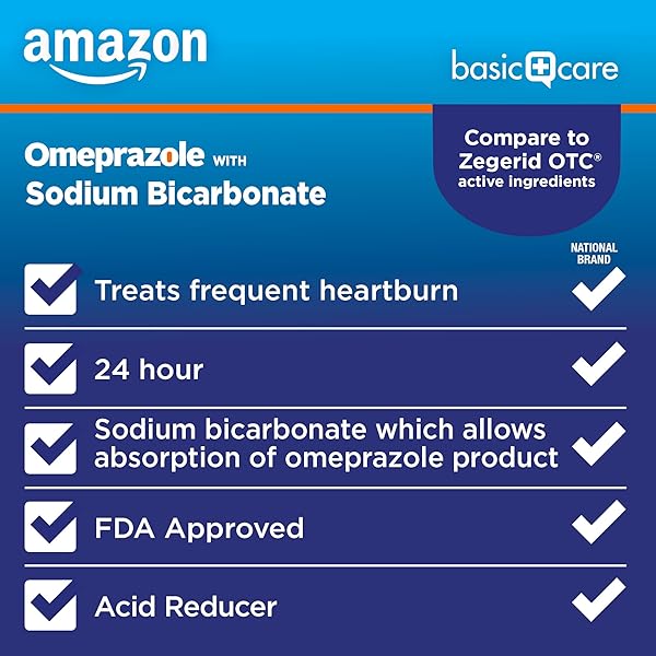 AMAZON BASIC CARE OMEPRAZOLE AND SODIUM BICARBONATE CAPSULES, 20 MG/1100 MG, 24-HOUR ACID REDUCER, FREQUENT HEARTBURN RELIEF, 42 COUNT