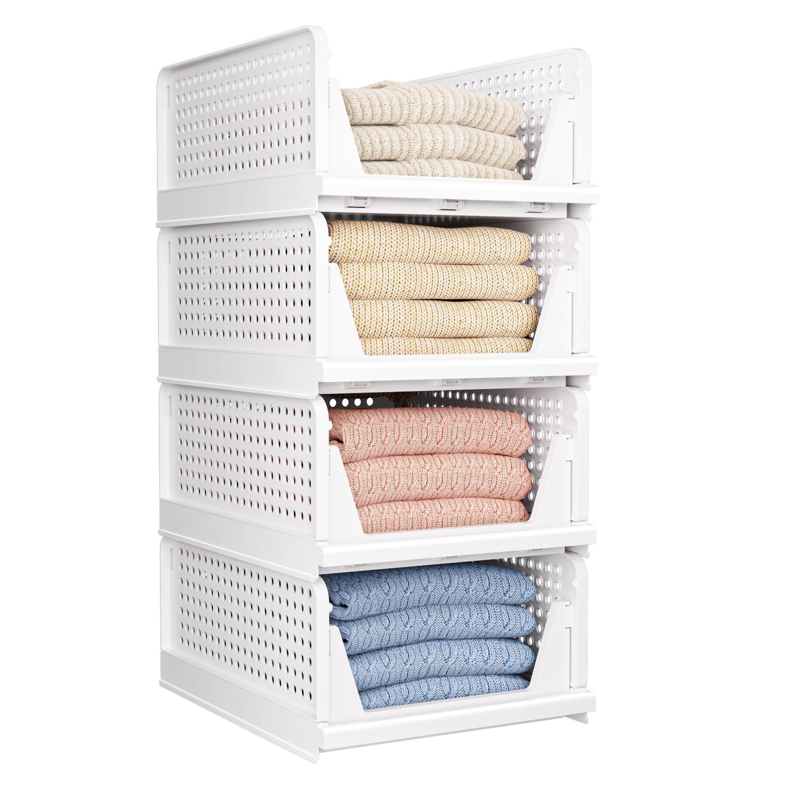 Photo 1 of 4 Pack Folding Closet Organizers Storage Box, Stackable Storage Bins, Plastic Drawer Basket Closet Storage for Wardrobe Cupboard Kitchen Bathroom Office White-4L