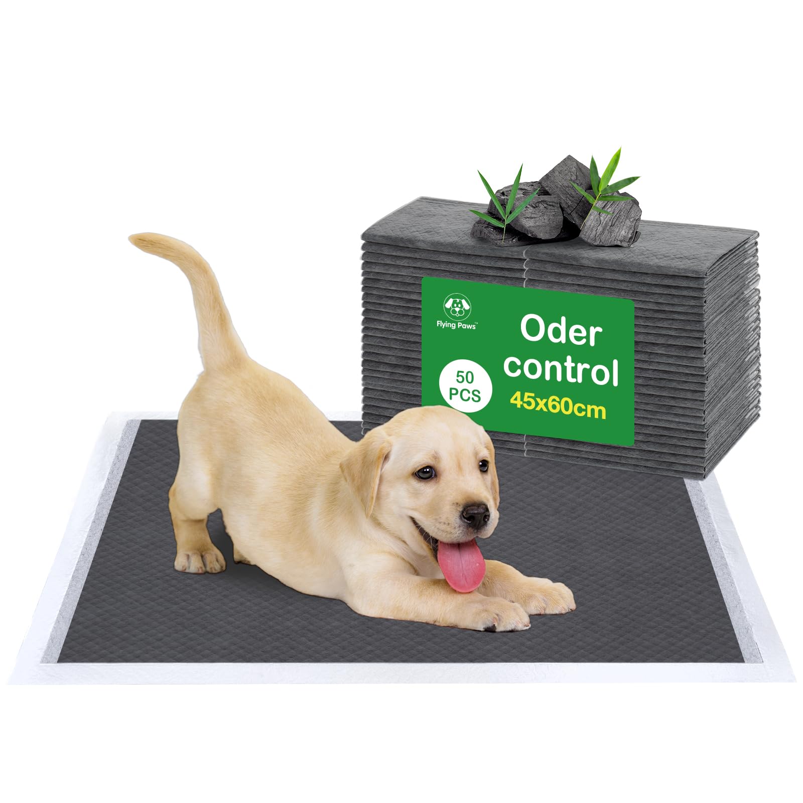 Flying Paws Puppy Pads 50 Pack, 45x60 cm Super Absorbent Pet Dog Training Pads, Leakproof Pee Pad with Charcoal Odour Control, Ideal for Medium Pets Floor Protection Toilet Pee Mat M-50