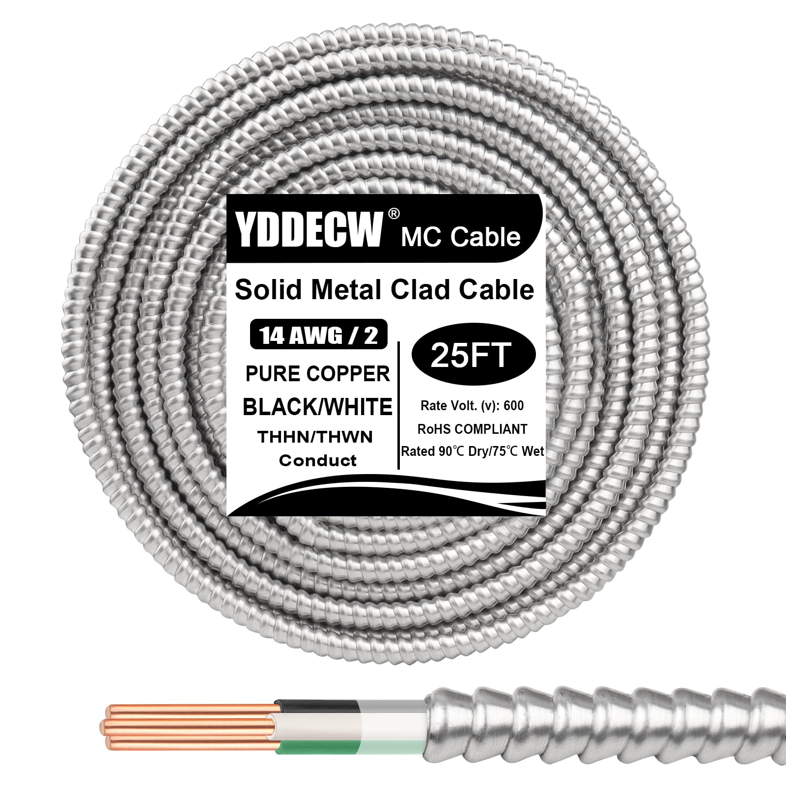 Photo 1 of 25ft 14/2 Metal Clad (MC) Cable with Ground, 14 Gauge Electric Wire with Aluminum Armor, Solid Bare Copper Conductors for Indoor Outdoor Underground Embedded Installation (14/2, 25 ft)
