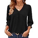 AKEWEI 3/4 Length Sleeve Womens Tops Summer Fashion V Neck Business Casual Blouses Smocked Shirts