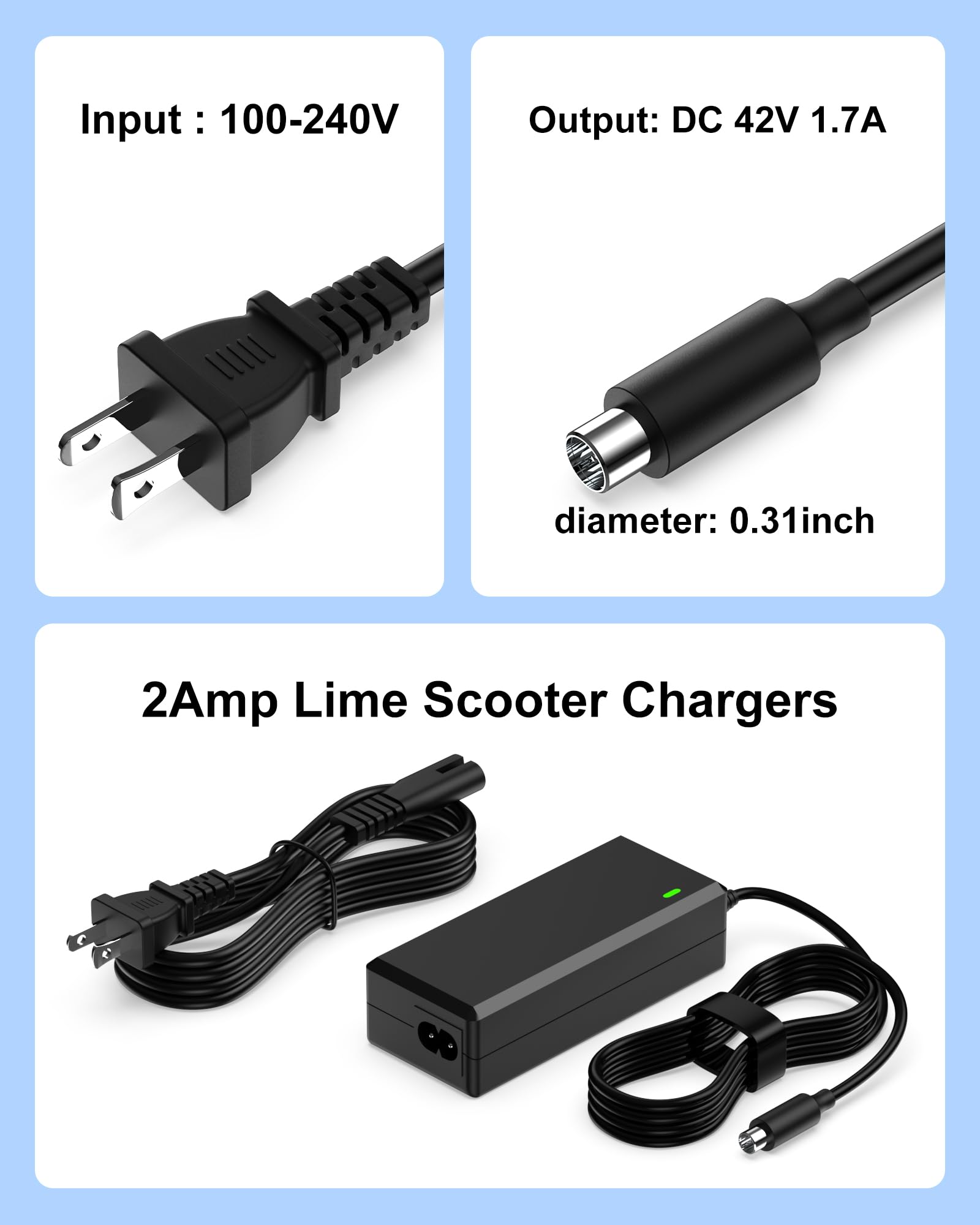 42V 1.7A for Ninebot Scooter Charger Compatible with Ninebot G30LP ES2 ES4 ES1L F20 F30 F40 E22 E25 M365 Pro/Pro2 Lime-S Electric Scooter with 36V Battery for Ninebot Electric Scooter Charger