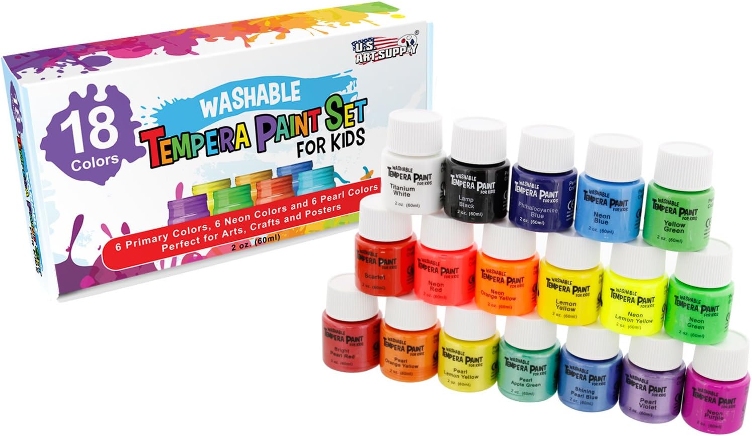 U.S. Art Supply 18 Color Children's Washable Tempera Paint Set - 2 Ounce Wide Mouth Bottles for Arts, Crafts and Posters: Toys & Games