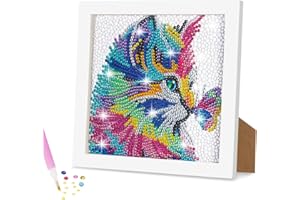 AUAUY 5D Diamond Painting Kit for Kids, Art Crafts Kits with Wooden Frame, Cartoon Diamond Art Easy Kits, Anime Diamond Painting Full Drill Diamond Art Gem Painting for Girls, Boys, Beginners (Cat)