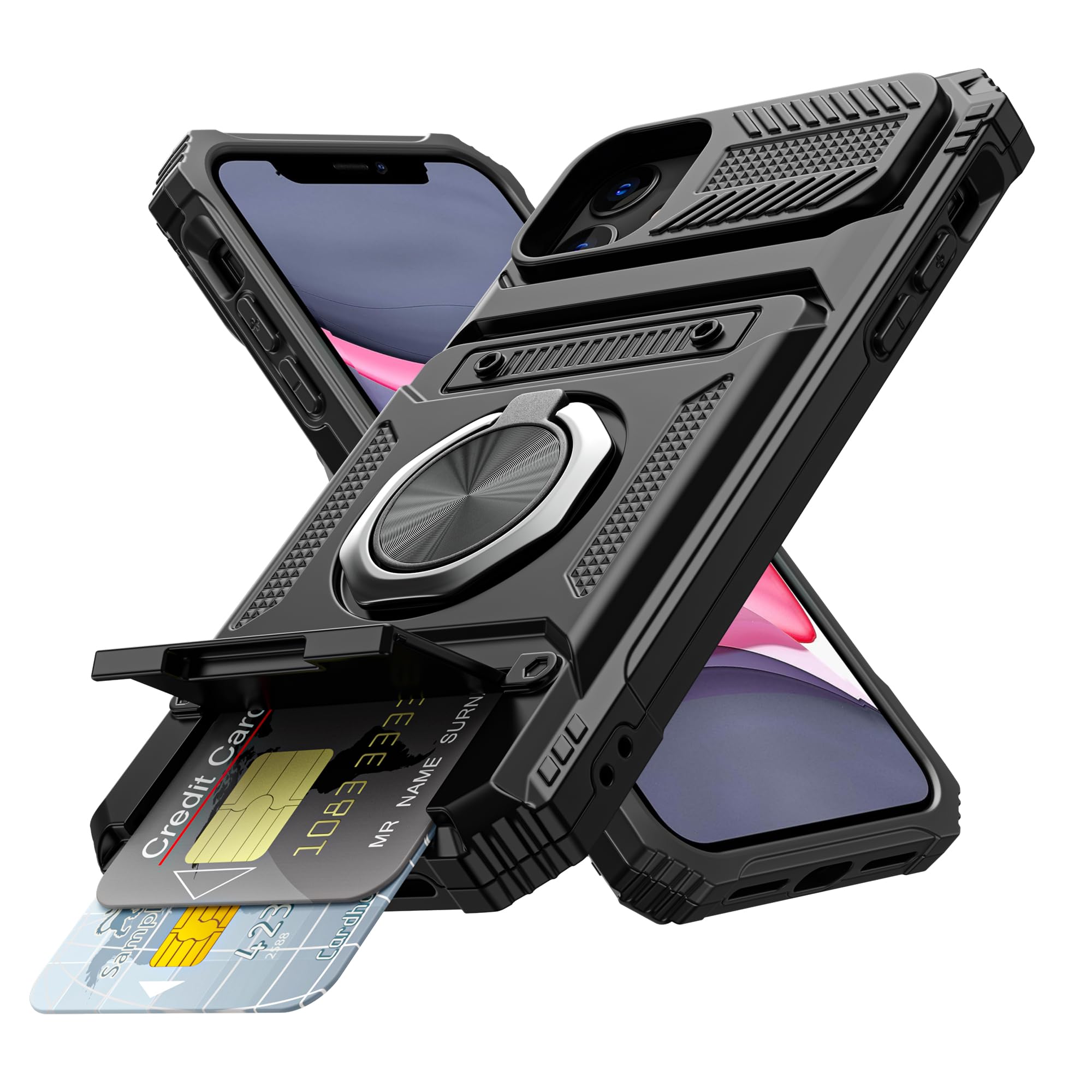 Photo 1 of Vofolen for iPhone 11 Wallet Case with Card Holder [Store 2 Cards] + 360° Rotated Ring Stand Kickstand Dual Layer Heavy Duty Shockproof Wallet Phone Case for iPhone 11 for Women Men, 6.1 Inch Black