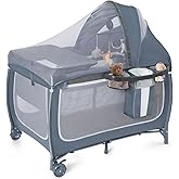 SIMPLGIRL Bedside Bassinet for Baby, 4 in 1 Pack n P-Lay Bassinet Bedside Sleeper Baby Crib with Mosquito Net,T-oys & Music B-ox, Mattress, Foldable Playard for Newborn to Toddles