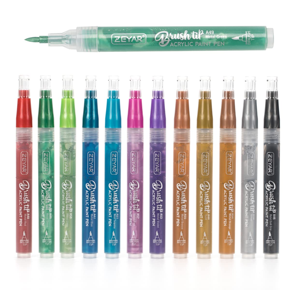 ZEYAR Acrylic Paint Pens, Brush Tip, Water based, Metallic Colors, Writes on Paper, Rock, Rubber, Ceramics, Wood, Glass and more (12 Metallic Colors)