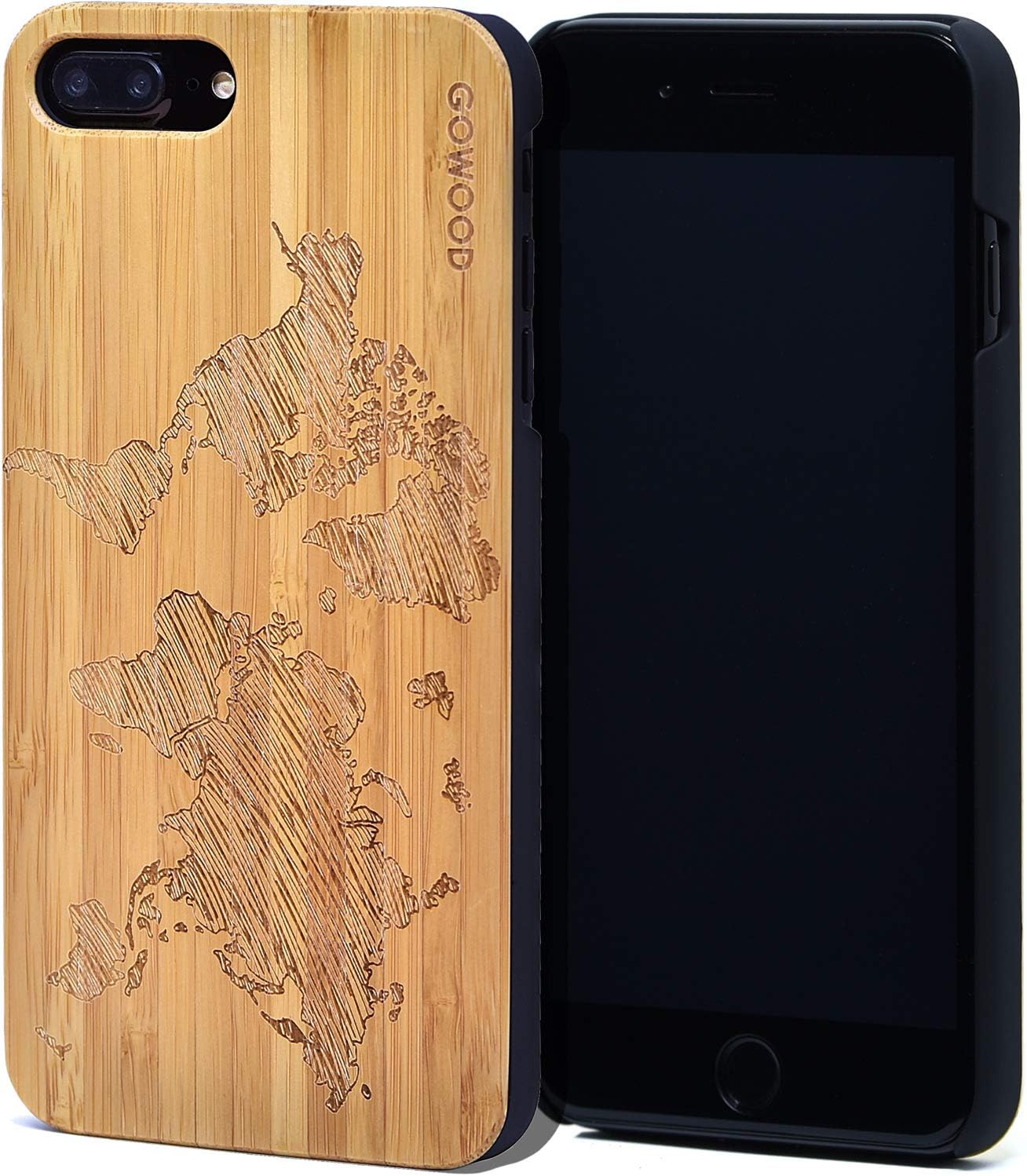Wood Case for iPhone 7 Plus and 8 Plus | Real Natural Bamboo World Map Design Engraved on Backside and Durable Hard Polycarbonate Shockproof Bumper with Shock Absorbing Rubber Coating