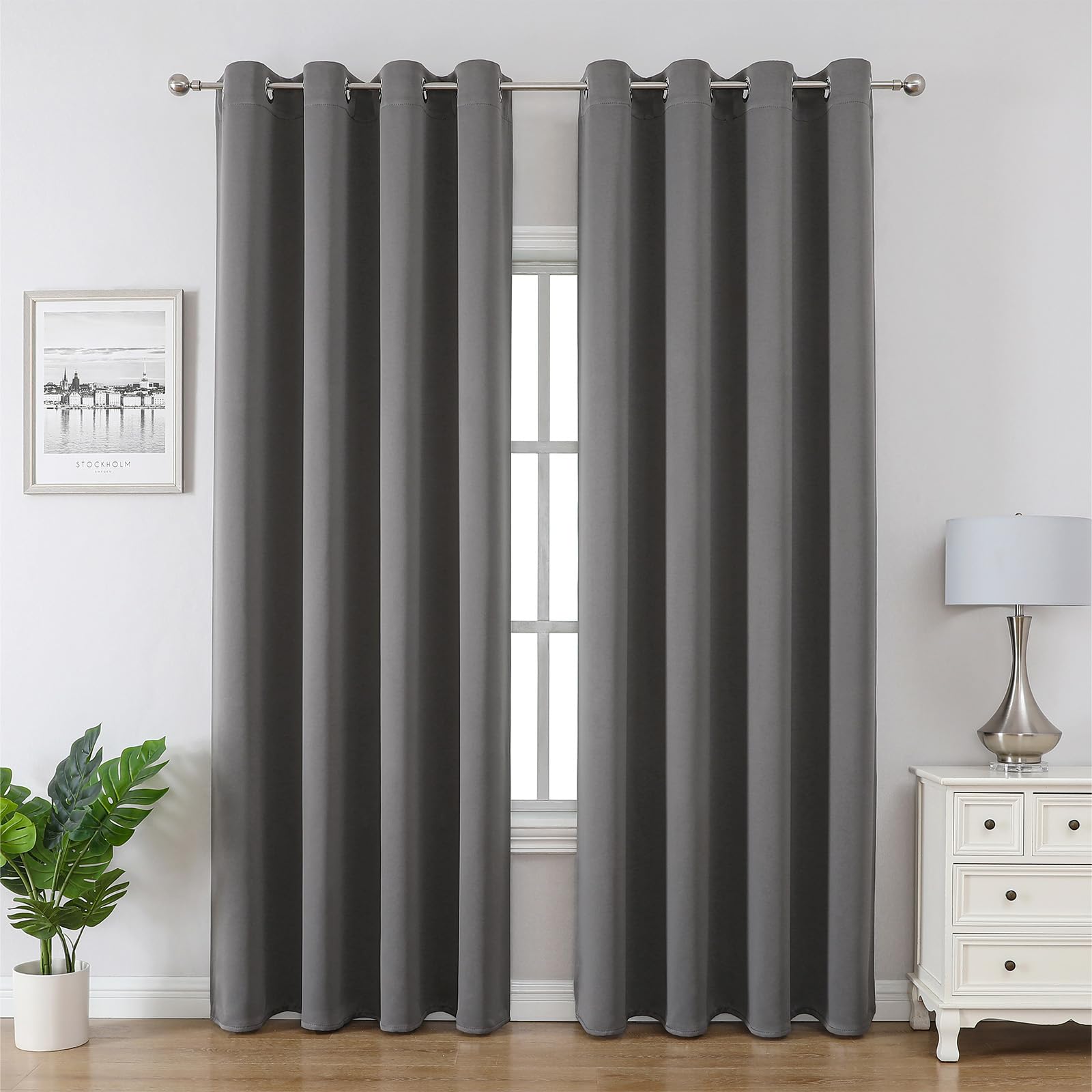 CUCRAF Blackout Curtains for Bedroom & Living Room, Light Grey 90 Inch Drop 2 Panels, Thermal Eyelet Black Out Curtains as Soundproof Room Dividers W46 x L90