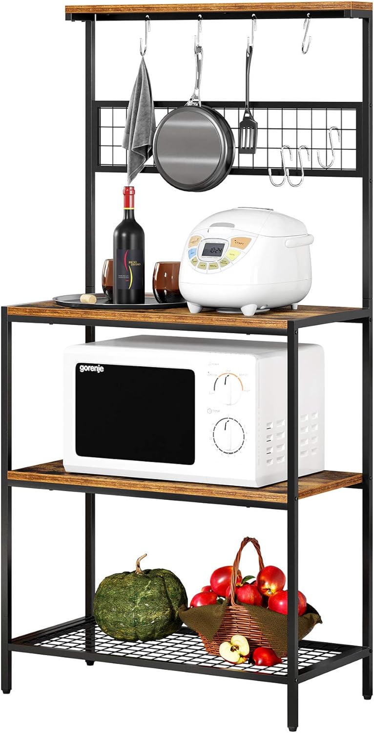JEROAL Kitchen Bakers Rack, Microwave Oven Cooking Stand with Hooks, Industria StorageShelf with Mesh Panel and 3 Storage Shelves, Rustic Brown