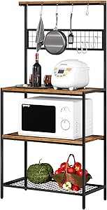 JEROAL Kitchen Bakers Rack, Microwave Oven Cooking Stand with Hooks, Industria StorageShelf with Mesh Panel and 3 Storage Shelves, Rustic Brown
