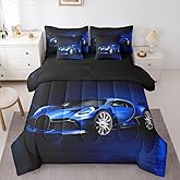 Feelyou Sports Car 7 Piece Bedding Set Blue Race Car Comforter Set with Sheets for Kids Boys Girls Extreme Sports Theme Bed in a Bag Cool Speed Luxury Car Decor Bed Set with 2 Pillowcases Full