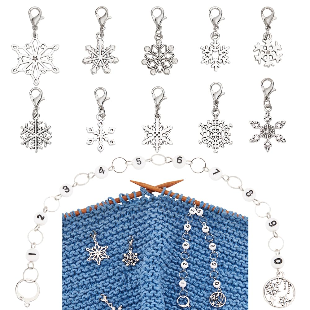 BENECREAT 11Pcs Alloy Snowflakes Theme Charm Locking Stitch Markers, Acrylic Number Knitting Row Counter Chains with Lobster Claw Clasps for Knitting Weaving Sewing, Antique Silver & Platinum