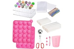 YIICUZP 605Pcs Cake Pop Kit,Silicone Lollipop Molds Including Lollipop Sticks,Measuring Cup,Treat Bags,Twist Ties,Decorating Pen,Round Mold,Meat Baller with Handles,Lollipop, Candy,Display Stand Holder