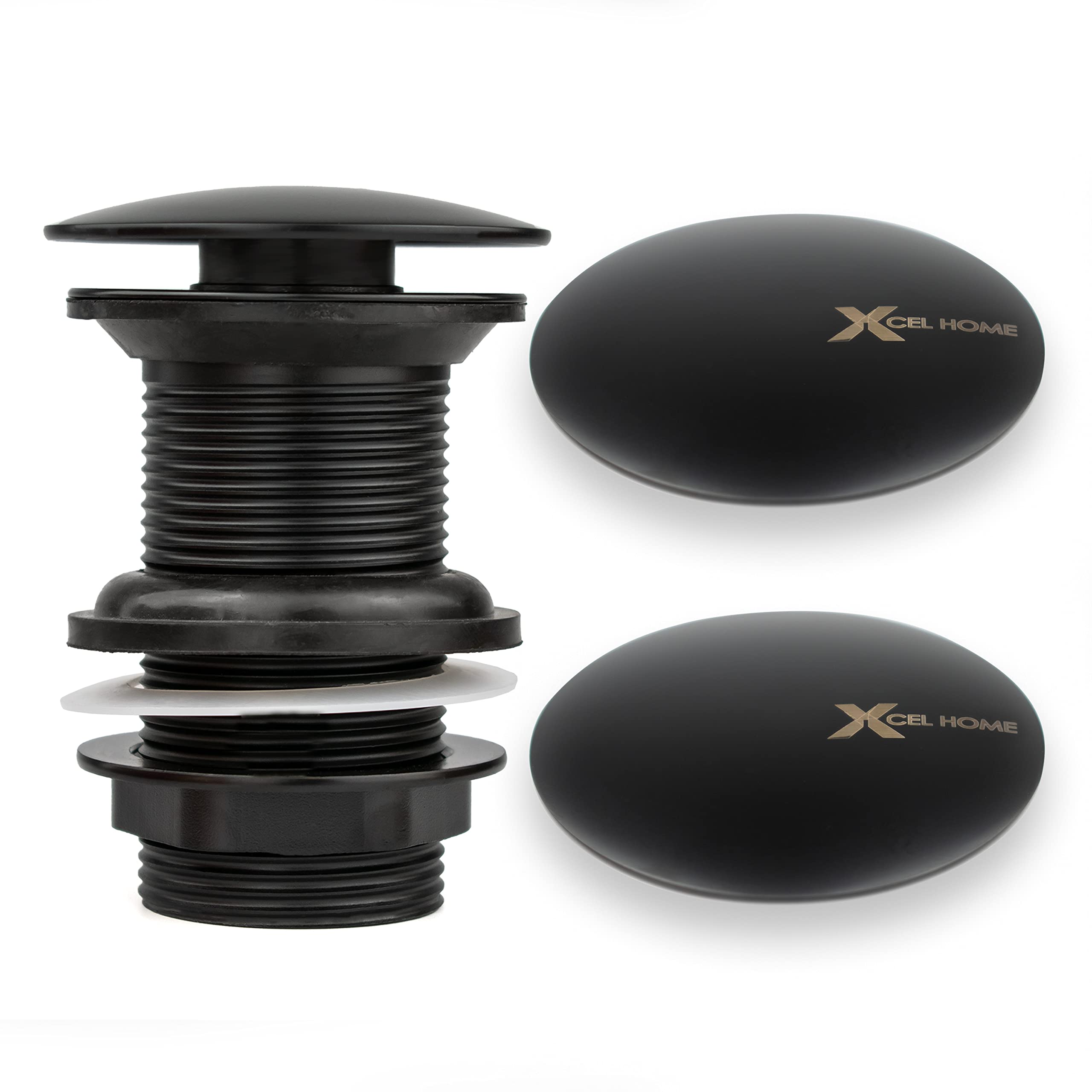 Xcel Home™ Replacement Black Unslotted Basin Pop-Up Waste | with 2 Spare Plug Lids | Click-Clack Mushroom Dome Spring Trap without Overflow for Bathroom Sink Solid Brass Construction Sprung Plug