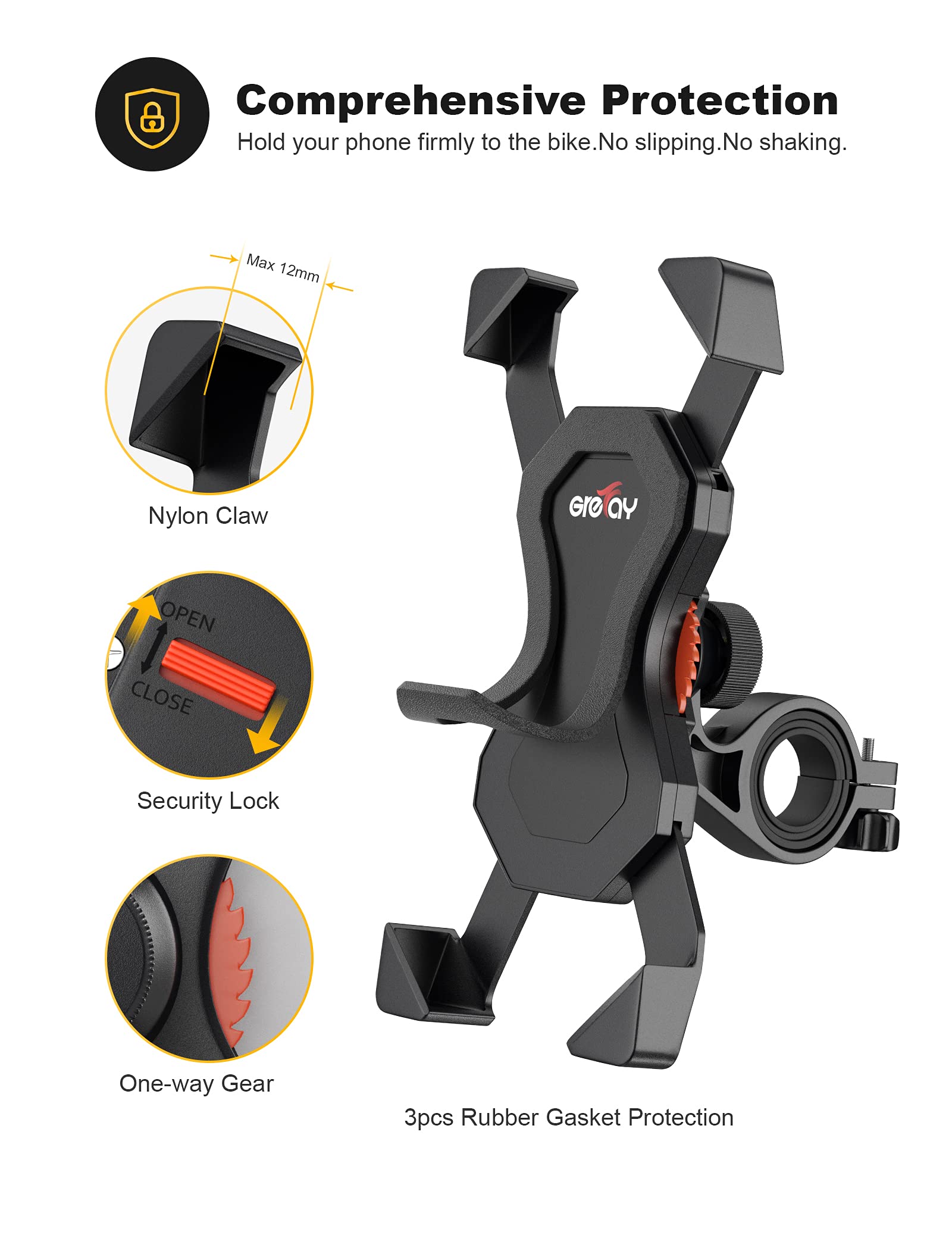Bike Phone Holder, Motorcycle Phone Holder with Handlebar Clamp for Bicycle, Suitable with iPhone 16 15 14 Pro Max Plus/13 12 11 Pro Max Mini, XS XR X, SE/3.5-6.5 Inch Smartphone, 360 Rotatable