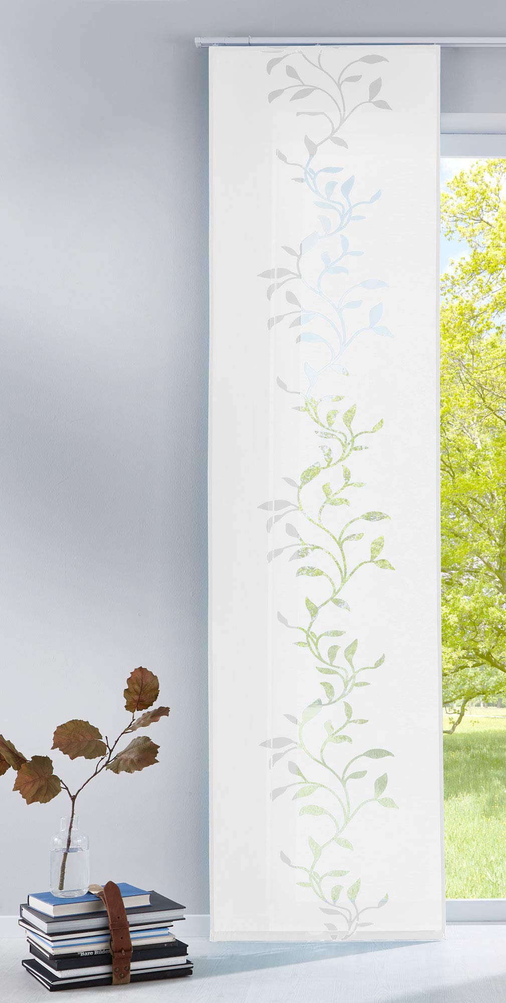 Gardinenbox Modern panel curtain, room divider, sliding curtain, Tendril made burnout fabric with panel carrier, 100% polyester, white, H x W 245 x 60 cm