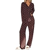 Dressmine Ladies Long Sleeve Cute Pajama Sets 2 Piece Fall Outfits Button Up Pjs Set Loungewear