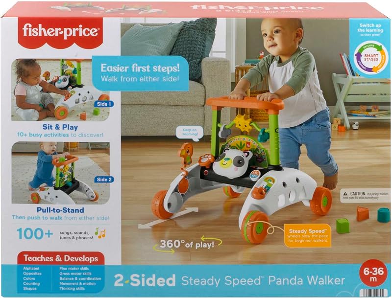 Fisher-price, andador panda 2 faces com atividades com luzes e sons, brinquedo para caminhar ou sentar com estampa de selva, presente para bebê acima de 6 meses (mattel hjy73)