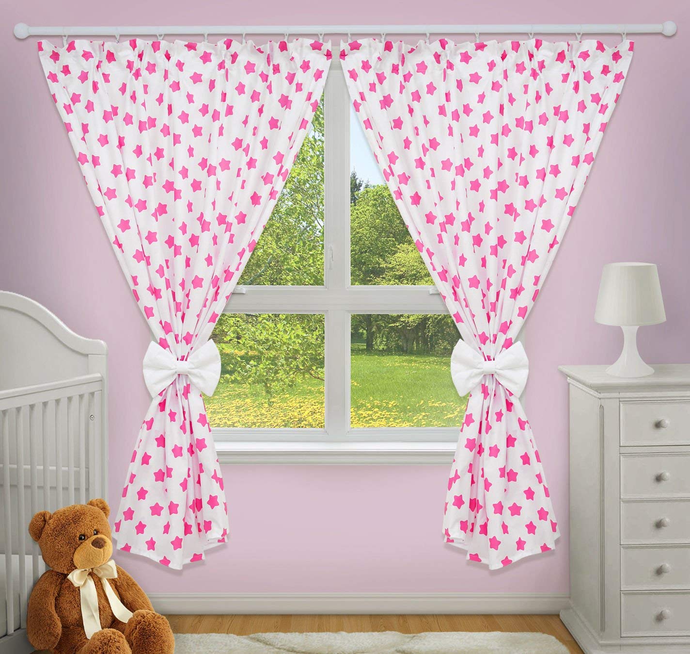 TheLittles24 Luxury Decorative Curtains for Baby Room Matching with Our Nursery Bedding Sets (Big Pink Stars on White Background)