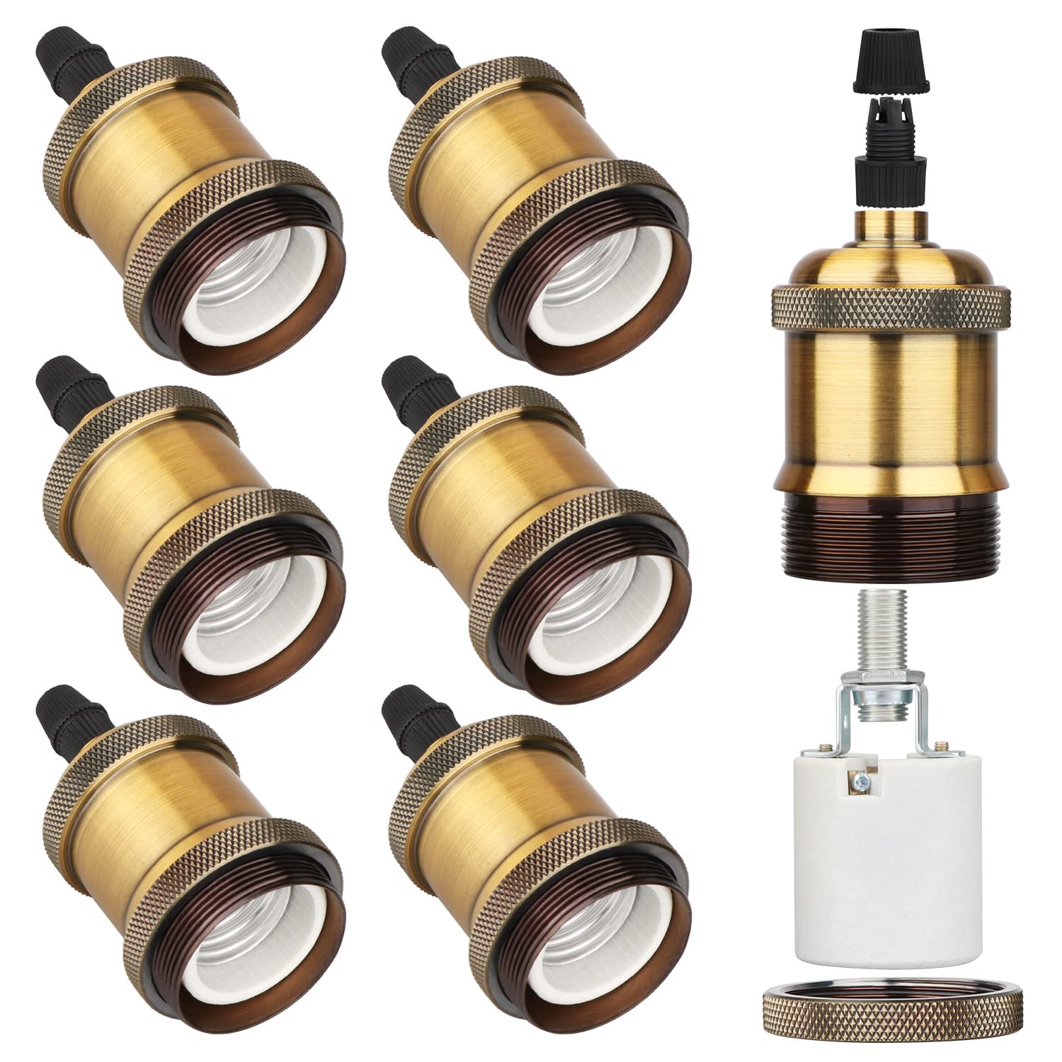 Zevnico E27 Lamp Holder, 6 Pcs E27 Bulb Holder, Brass Vintage Socket Light Bulb Holder, Ceramic Rated 4A 250V, for DIY Pendant Lamp Ceiling Hanging Light Retro Style Edison Screw Bulb Holder Adaptor