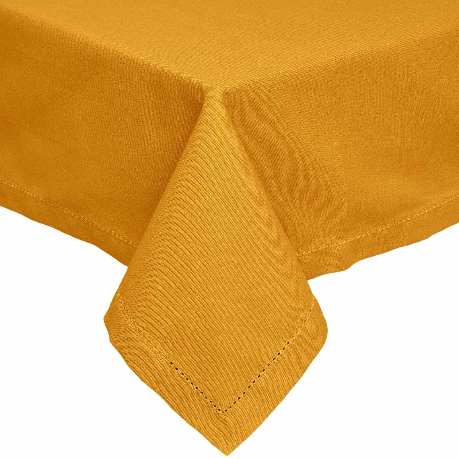 HOMESCAPES Yellow Table Cloth, Plain Cotton Tablecloth, Large Rectangular, Handcrafted & Durable Dining Table Cover with Hem Stitch, Hypoallergenic, Washable, Mustard Yellow - 137 x 228cm
