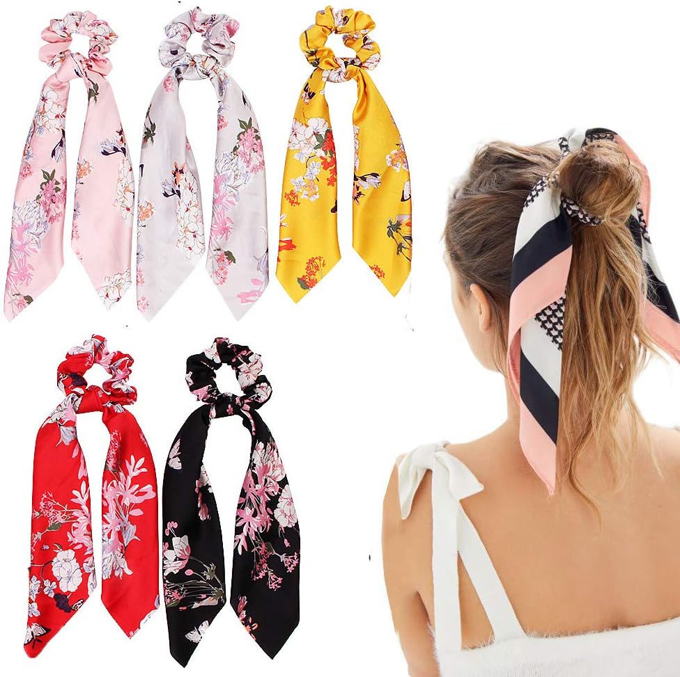 Silk Hair Scrunchies, Hair Scarf with Flower Pattern, Stripe Printed Hair Bobbles for Ponytail Holder (5 Pcs Flower Pattern Silk)