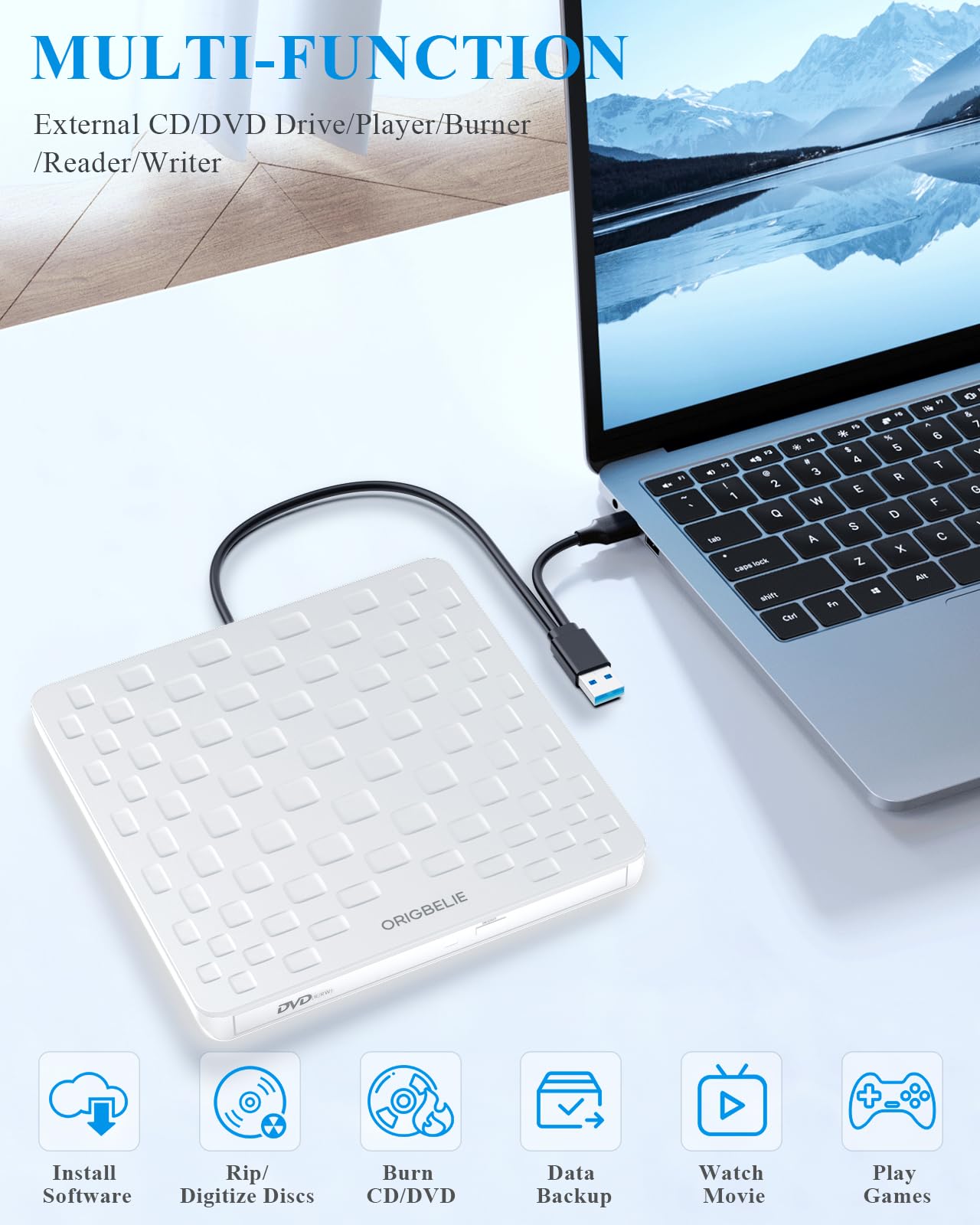 External CD/DVD Drive for Laptop, Ultra Slim 13mm USB 3.0 Type-C Portable DVD Player CD Burner Reader Writer Recorder for Desktop PC Windows 11/10/8/7 Linux Mac OS, White