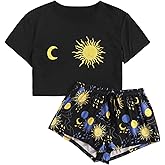 SweatyRocks Women's Cute Graphic Print Short Sleeve Crop Top with Shorts Pajama Set