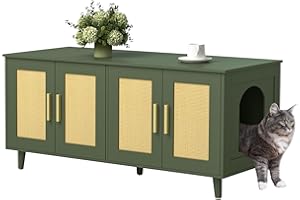Homhedy Boho Cat Litter Box Enclosure for 2 Cats, Wooden Cat Washroom Furniture with Double Rattan Decorated Doors, Pet House,47.2”L x 19.7”W x 21.7”H, Green