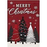 Merry Christmas Tree Red House Flag 28x40 Inch Double Sided Outside Winter Silver Snowflake Xmas Bells Seasonal Yard Outdoor Flag Banner for Garden Lawn Patio Holiday Decorations