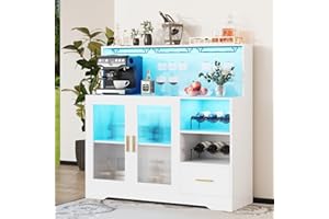 amzzar Bar Cabinets for Home with LED Light & Storage Drawer & Glass Holder & Wine Rack & Power Outlet & Door & Shelves for Living Room Kitchen Modern White