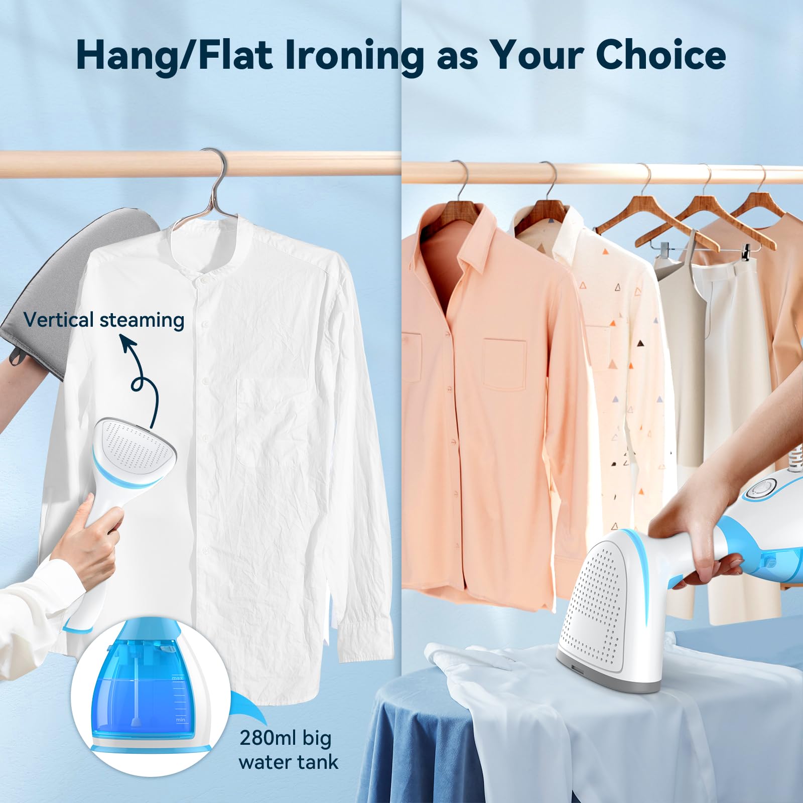 Steamer for Clothes Steamer, 15s Fast Heat-up Garment Steamer with Ironing Glove, 280ml Large Water Tank, Strong Penetrating Steam Handheld Steamer, Garment Fabric Wrinkles Remover Wet & Dry Ironing