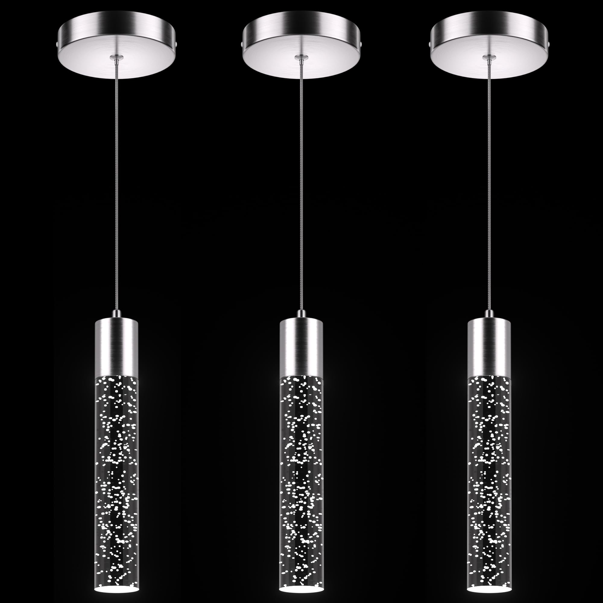 Photo 1 of Esfos Pendant Lights Kitchen Island, 6500K Modern Kitchen Island Lights Brushed Nickel, 3 Pack Ceiling Lighting Fixtures with Crystal Bubble, Integrated LED Hanging Light for Dining Room Restaurant