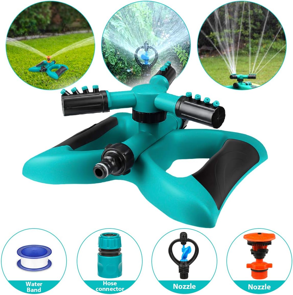 NASUM Garden Sprinkler, Automatic 360 Rotating Adjustable Garden Water Sprinklers Lawn Irrigation System, with Leak Free Design Durable 3 Arm Sprayer, for Lawn, Courtyard, Garden