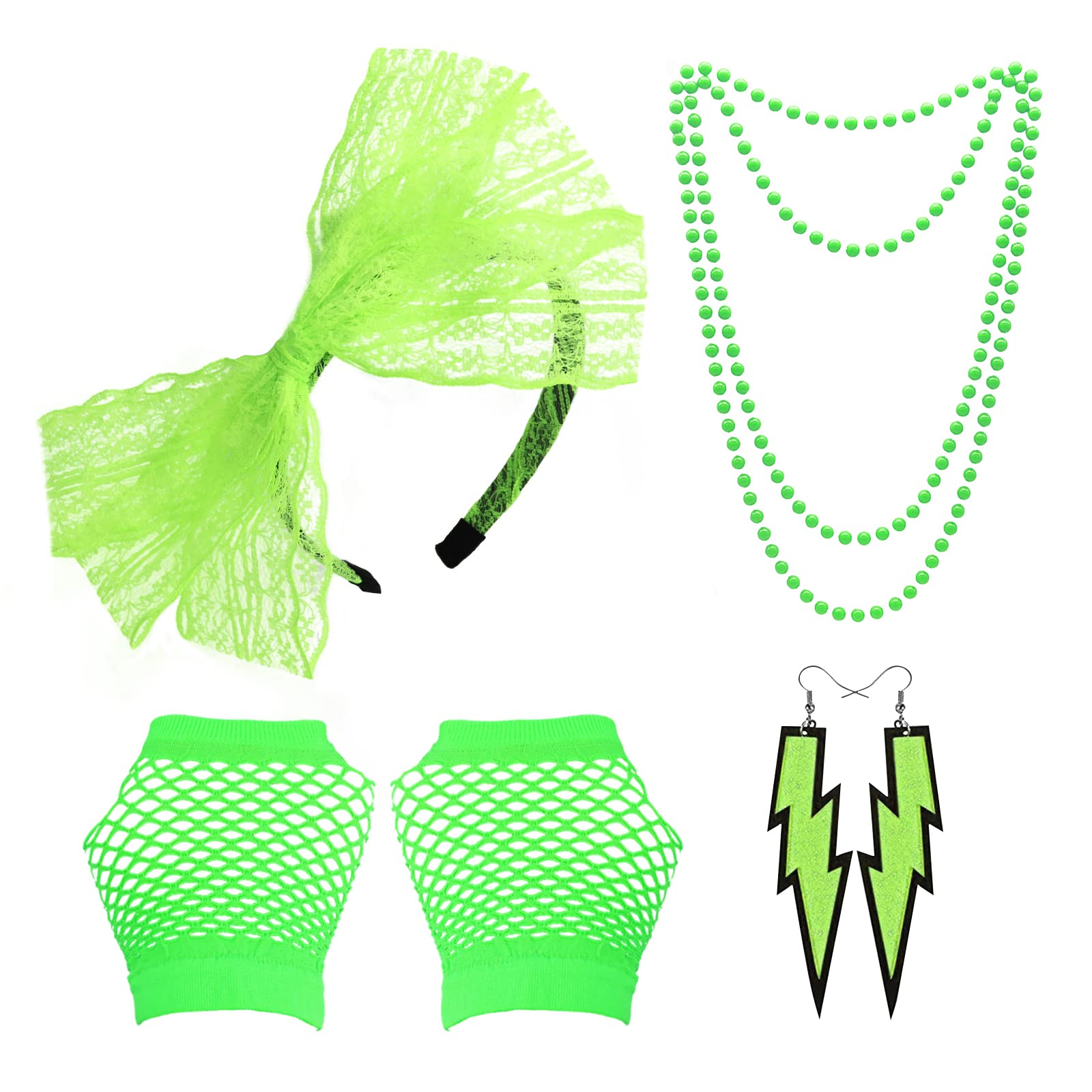 Grantop 80s Fancy Dress Costume Accessories for Women, 1980s Fancy Party Costume Set with Lace Headband Earrings Necklace Fishnet Glove for Retro Party(Green)