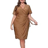 VERWIN Plus Size V Neck Dress Belted Short Sleeve Ruffle Dress Glitter Ruched Bodycon Dress Sparkly Midi Dress