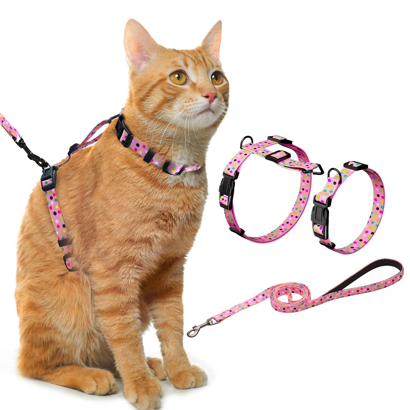 Photo 1 of Hikiko Cat Harness and Leash Set Escape Proof Adjustable Walking Travel Cute Girl Kitten Harness for Small Medium Large Cats (Pink Polka Dots, S)