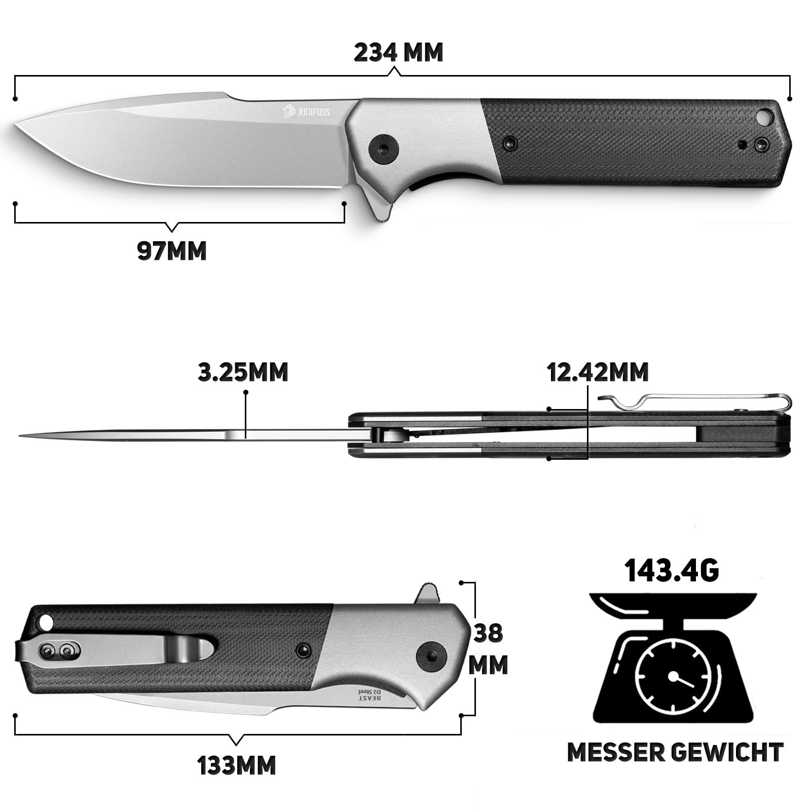 NedFoss BEAST Klappmesser, Klingenlänge 10cm aus D2 Stahl Taschenmesser mit G10 Griff, Einhandmesser mit Liner Lock & Kugellager, Outdoor Messer mit Clip, Survival Messer für Sammlung & Geschenk 6