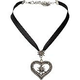 Alpenflüstern Bavarian satin ribbon necklace with rhinestone Edelweiss heart, Ladies costume jewelry, traditional german pendant necklace for Dirndl, Leather trouser, Oktoberfest (black)