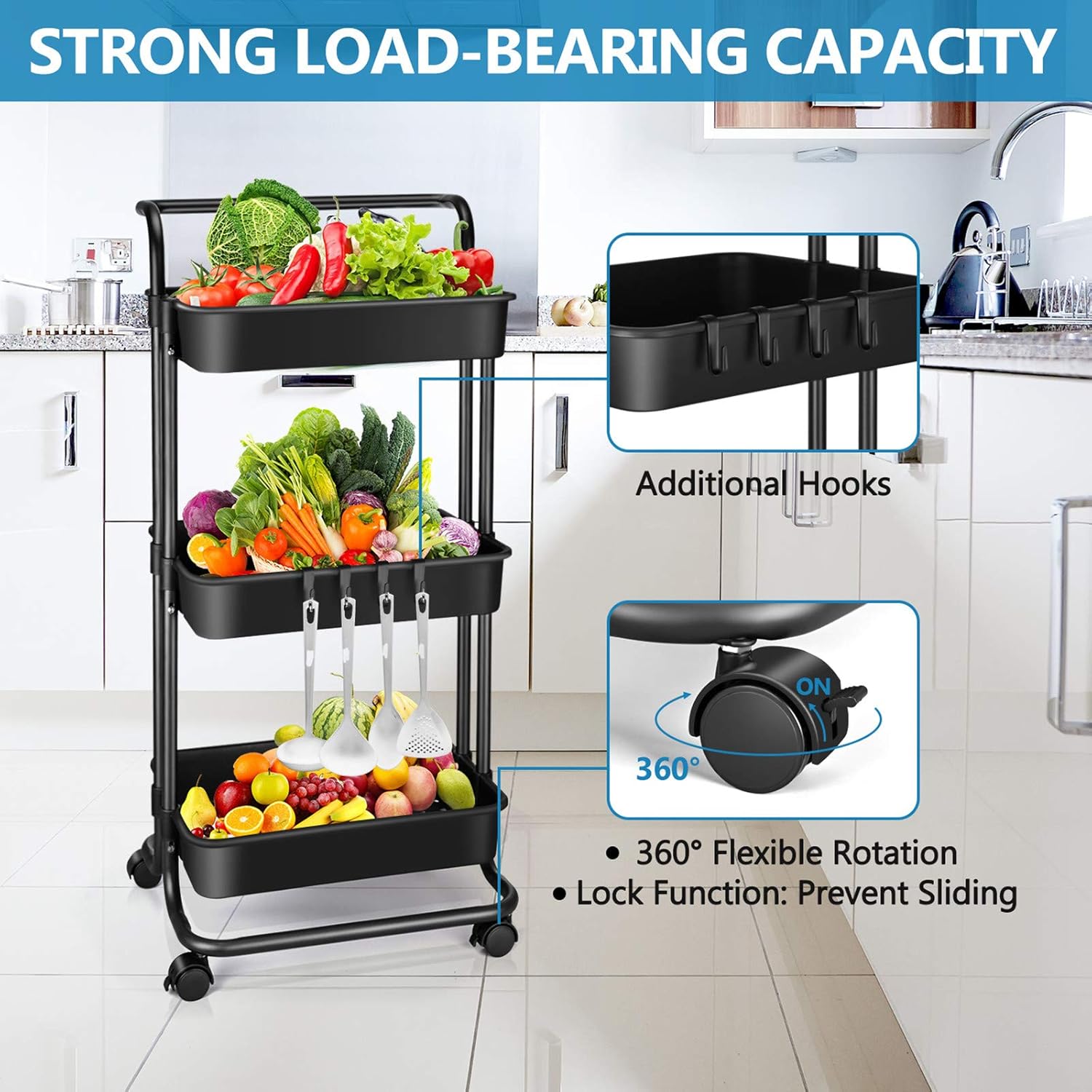 3 Tier Utility Rolling Cart - Organizer Cart Storage Cart Kitchen Cart Makeup Cart 3 Shelf Baby Tray Cart with Trolley Handles and Wheels Suitable for Bathroom Laundry Kids Room Bedroom Office (Black): Kitchen & Dining