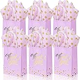 EQOREIIN 25 Pack Small Gift Bags with Handles 6x4.5x2.5 Inches Thank You Gift Bags Party Favor Bags Kraft Paper Goodie Bags with Bow Ribbon for Mother's Day Baby Shower,Graduation, Birthday(Purple)