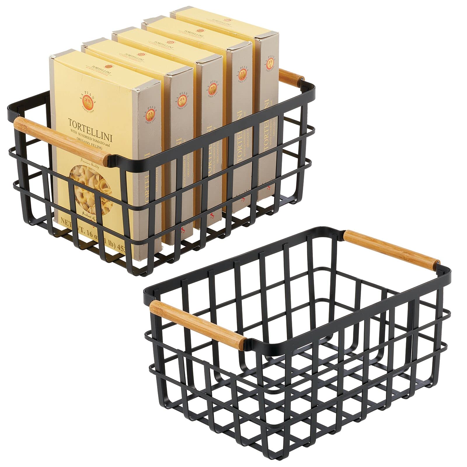 mDesignWire Storage Basket — Wire Basket for Storing Items — Metal Basket for Kitchen, Bedroom, Bathroom and More — Set of 2 — Matte Black/Bamboo