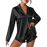 Ekouaer Womens Satin Pajama Sets Long Sleeve Top and Shorts Lounge Set Button Down Sleepwear