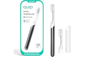 Quip Sonic Toothbrush for Adults with Timer - Includes Extra Brush Head and Travel Cover Mount - Electric, Soft Bristle Refill Head, Metal Handle, 3 Month Battery Life - Travel Toothbrush - Slate