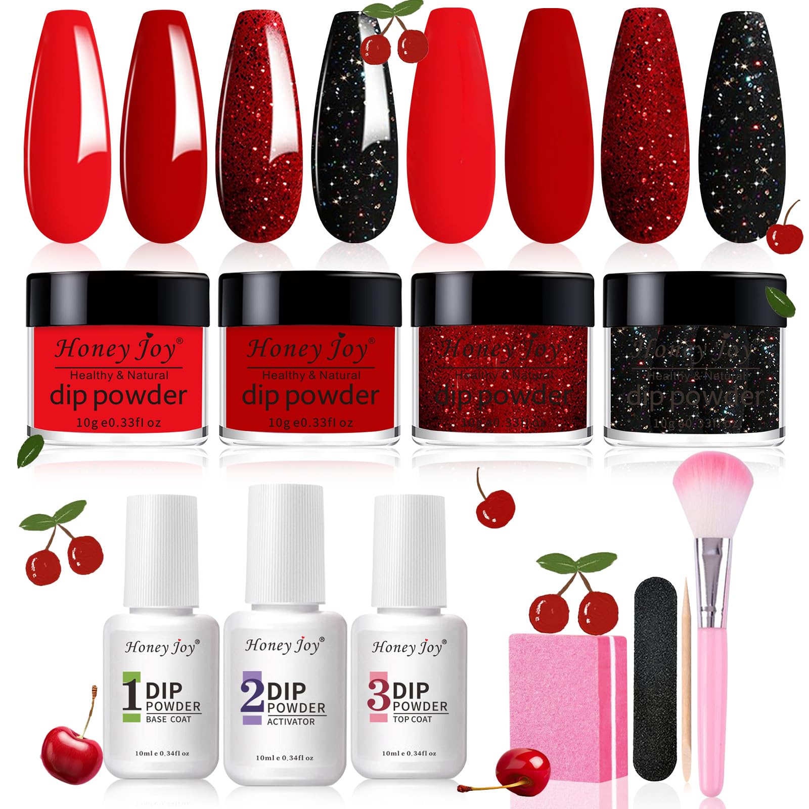 Honey Joy Dip Powder Nail Kit Starter,4 Colors Deep Red Glitter Holographic Black Dipping Powder Liquid Set with Base Top Coat for Nail Art Manicure Salon DIY No LED Nail Lamp Needed, Dip-7pcs-08